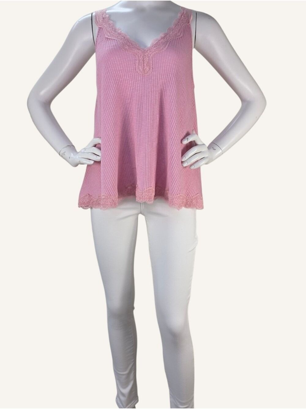 POL Pink Ribbed Lace Trim Swing Tank Top NWT Small Boho Romance Summer Cottage